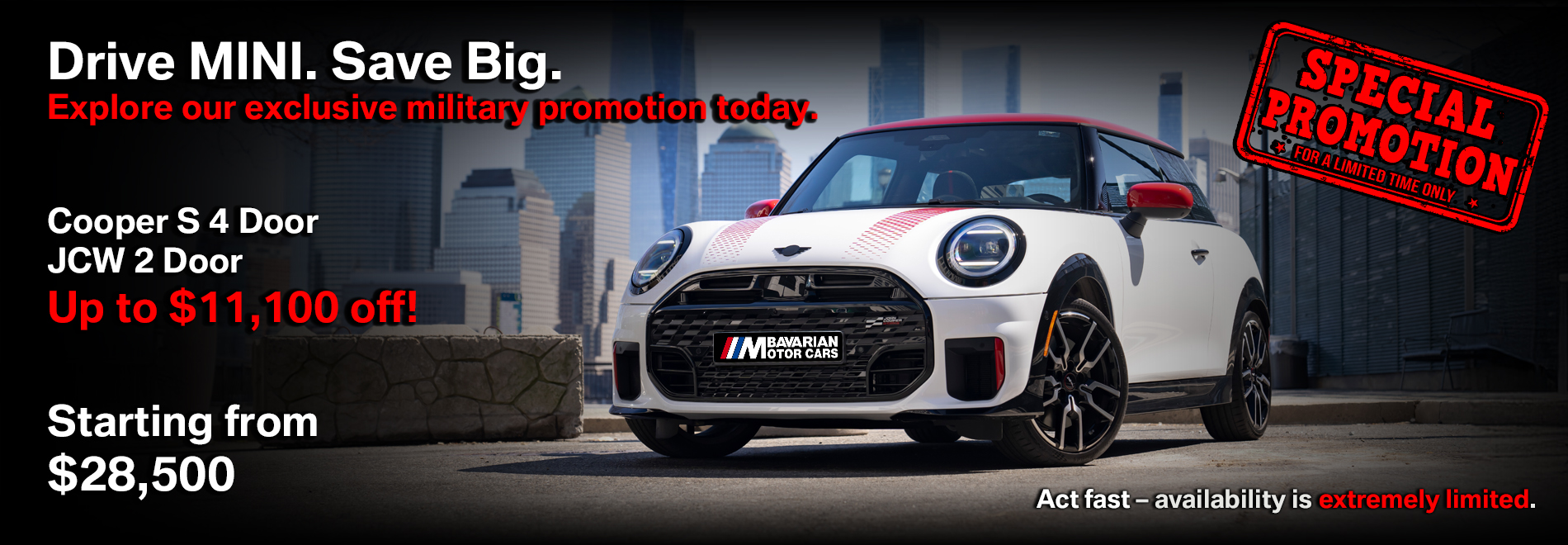 BMW Military Sales | MINI Military Sales | Bavarian Motor Cars  | Special Offer  |  MINI Sale | MINI Cooper S 4 Door | JCW 2 Door | Favoured Style | JCW Style